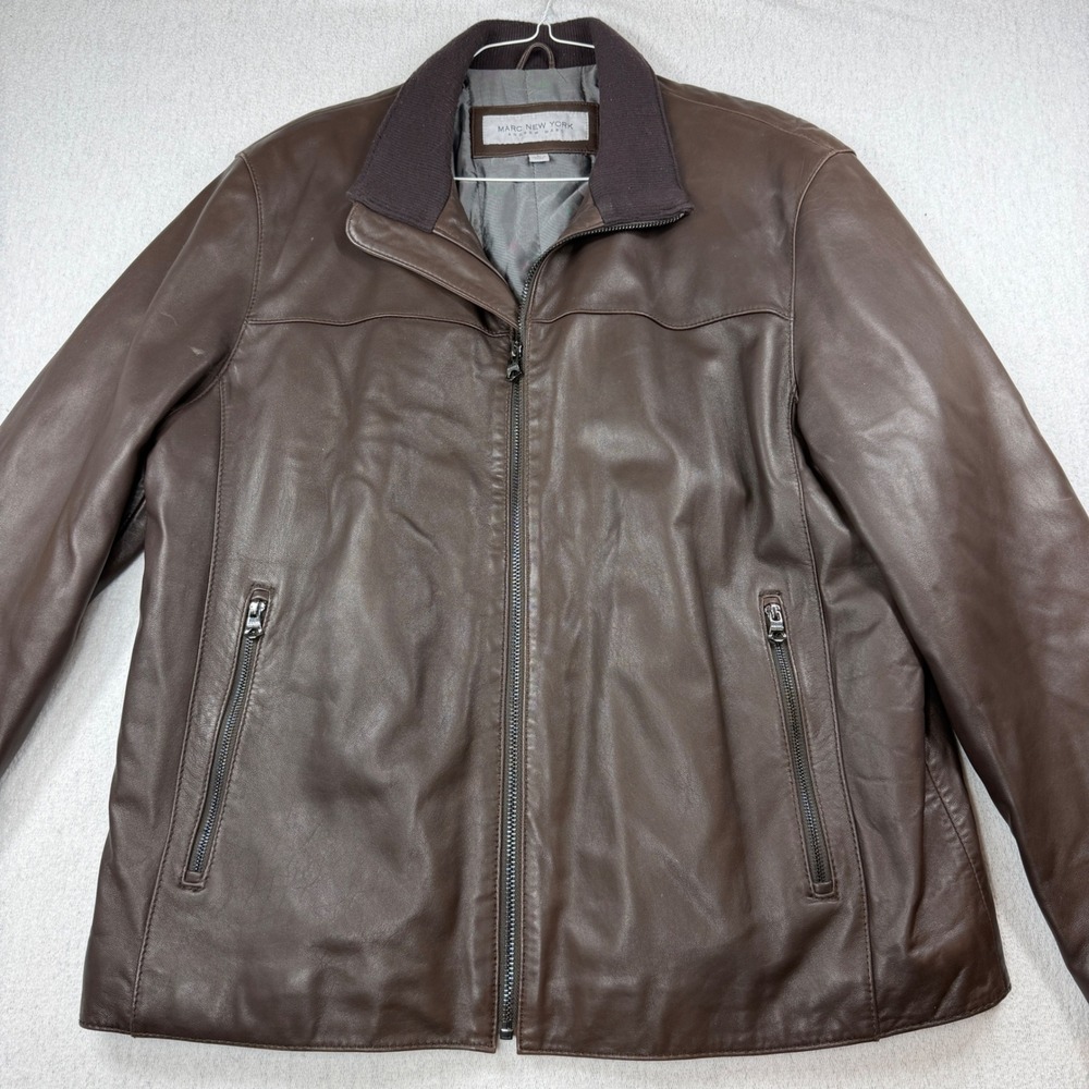 Vtg Y2K Marc New York Dark Brown Leather Bomber Moto Jacket Men L minimalist